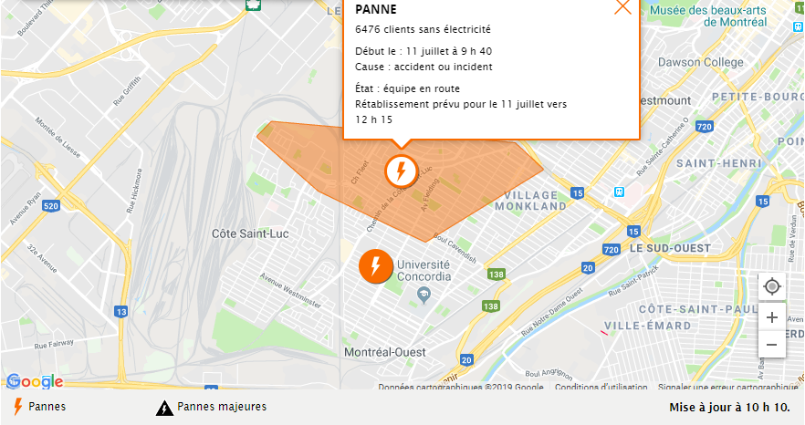 Panne d’électricité dans des secteurs de Côte Saint-Luc